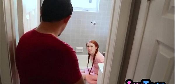  Tiny redhead stuck on the toilet then gets fucked hard